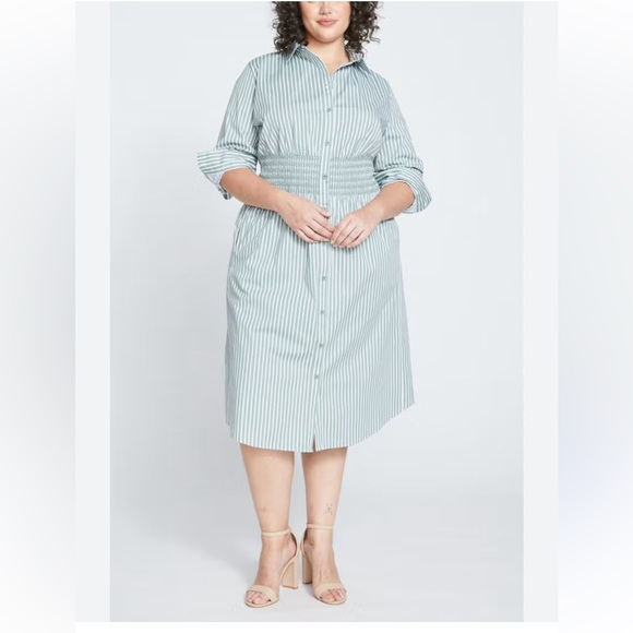 Universal Standard Hamptons Smocked Shirtdress size L 22/24 Green and white - Picture 1 of 13